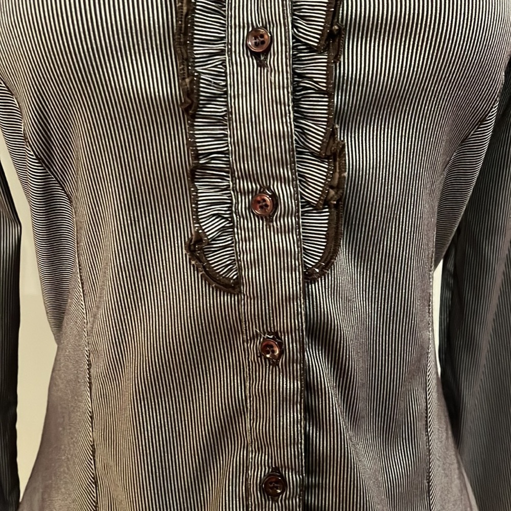 Scarlet brown striped frilled front shirt - Picture 3 of 9